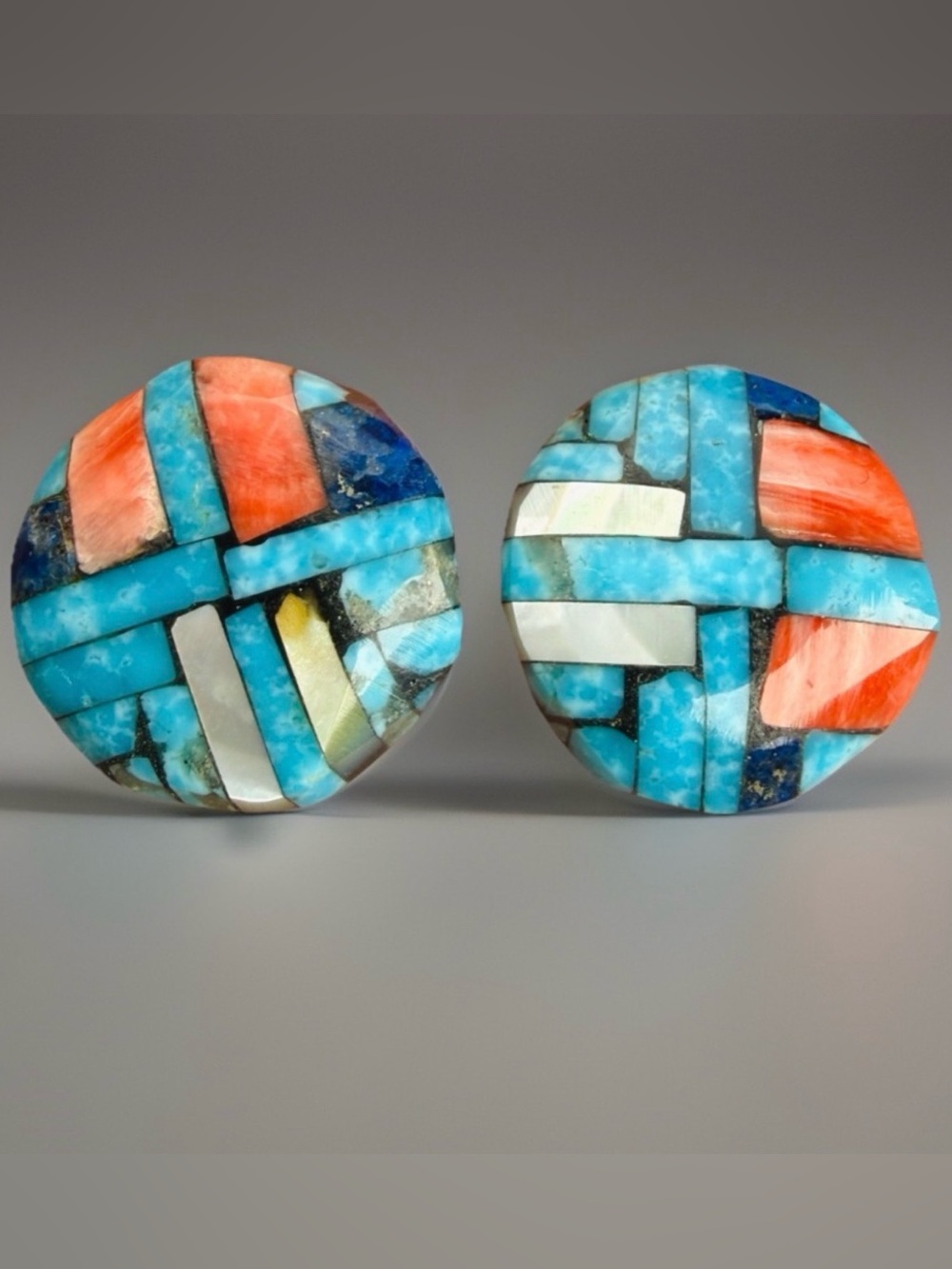 Turquoise Inlay Round Statement Earrings - Coral & Mother of Pearl